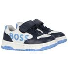 Boys Navy Blue, Blue & White Logo Trainers, 2, hi-res