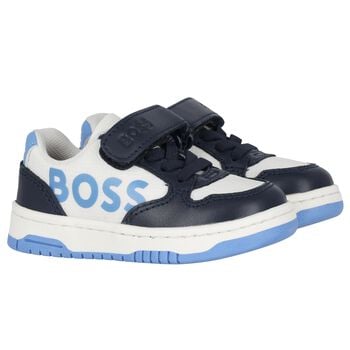 Boys Navy Blue, Blue & White Logo Trainers