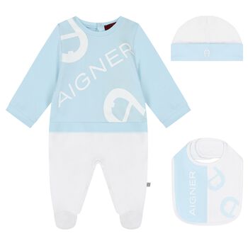 Boys Blue & White Babygrow, Hat & Bib Gift Set