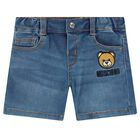 Younger Boys Blue Denim Teddy Bear Logo Shorts, 1, hi-res