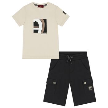 Boys Beige & Black Logo Shorts Set