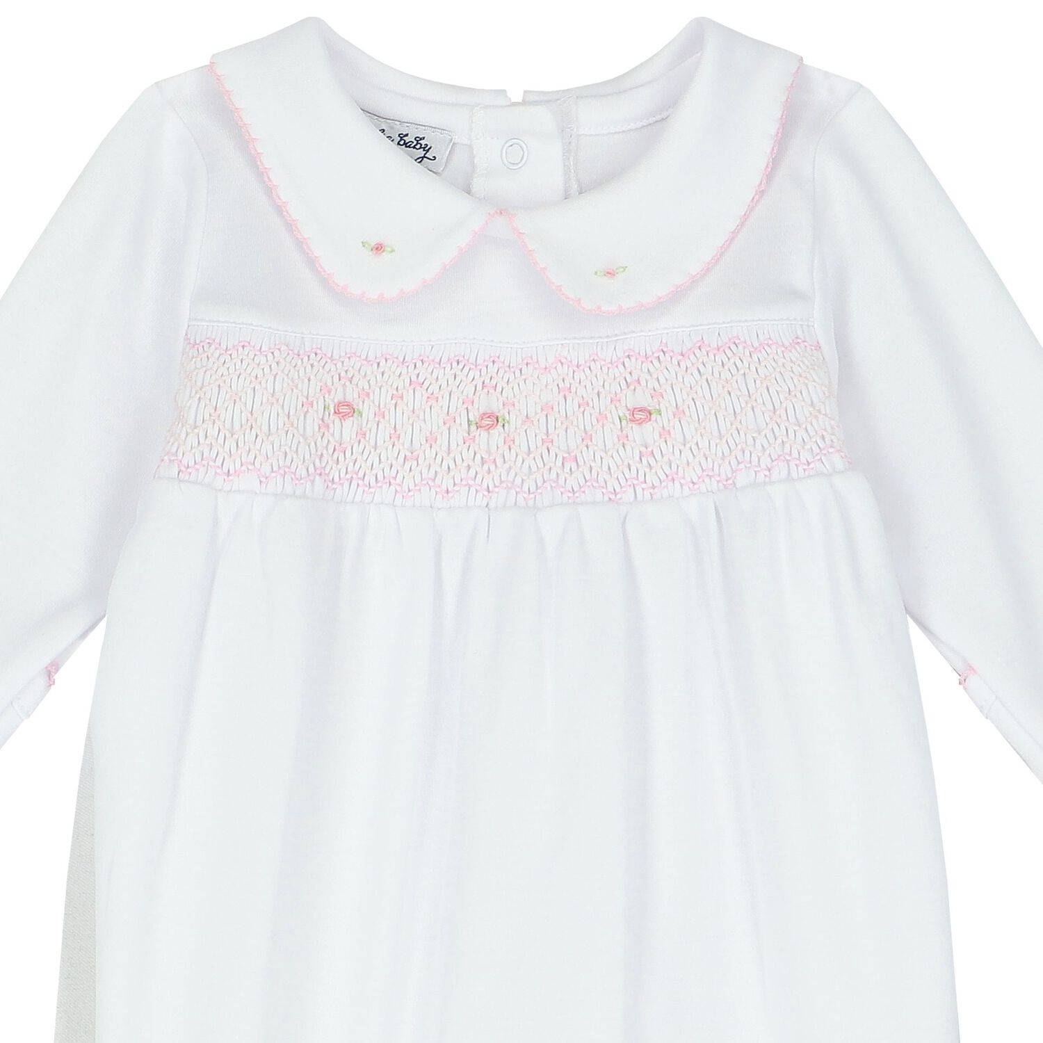 Baby Girls White and Pink Smocked Babygrow, 1, hi-res image number null
