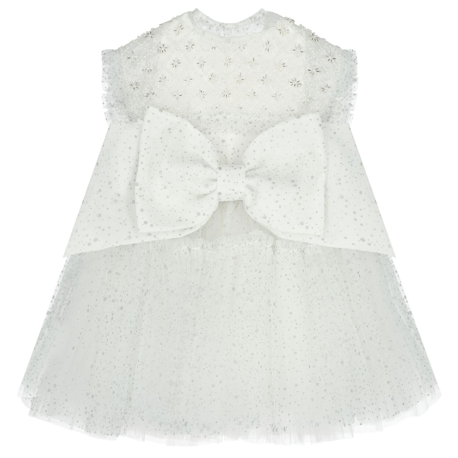 Girls White Embellished Tulle Dress, 1, hi-res