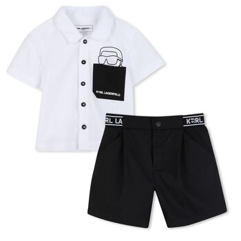 Younger Boys White & Black Logo Shorts Set