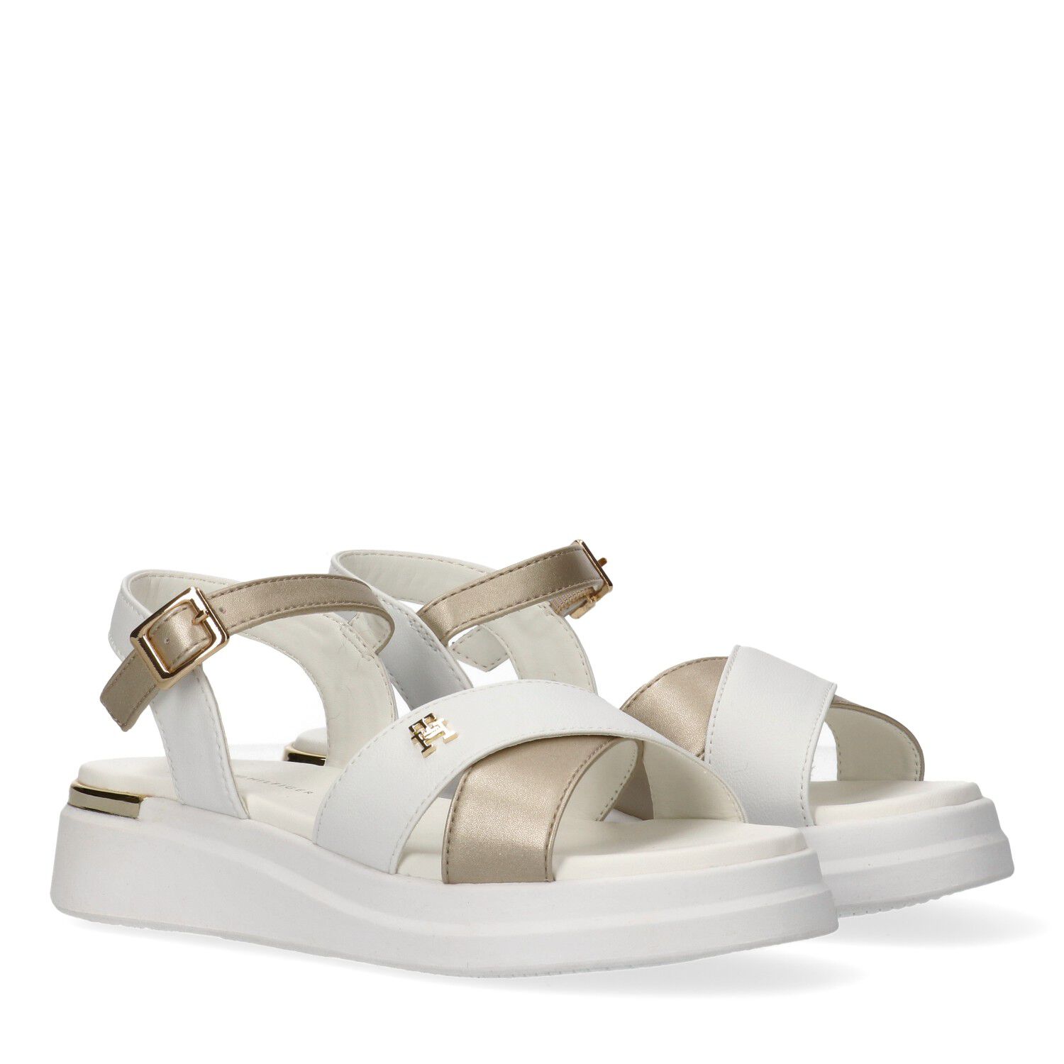 Girls White & Gold Logo Sandals, 1, hi-res