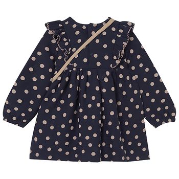 Younger Girls Navy Blue Polka Dots Dress Set