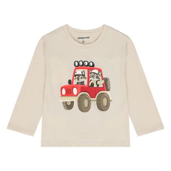 Younger Boys Beige Car Long Sleeve Top