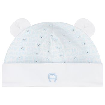 Baby Boys White & Blue Teddy Bear Hat