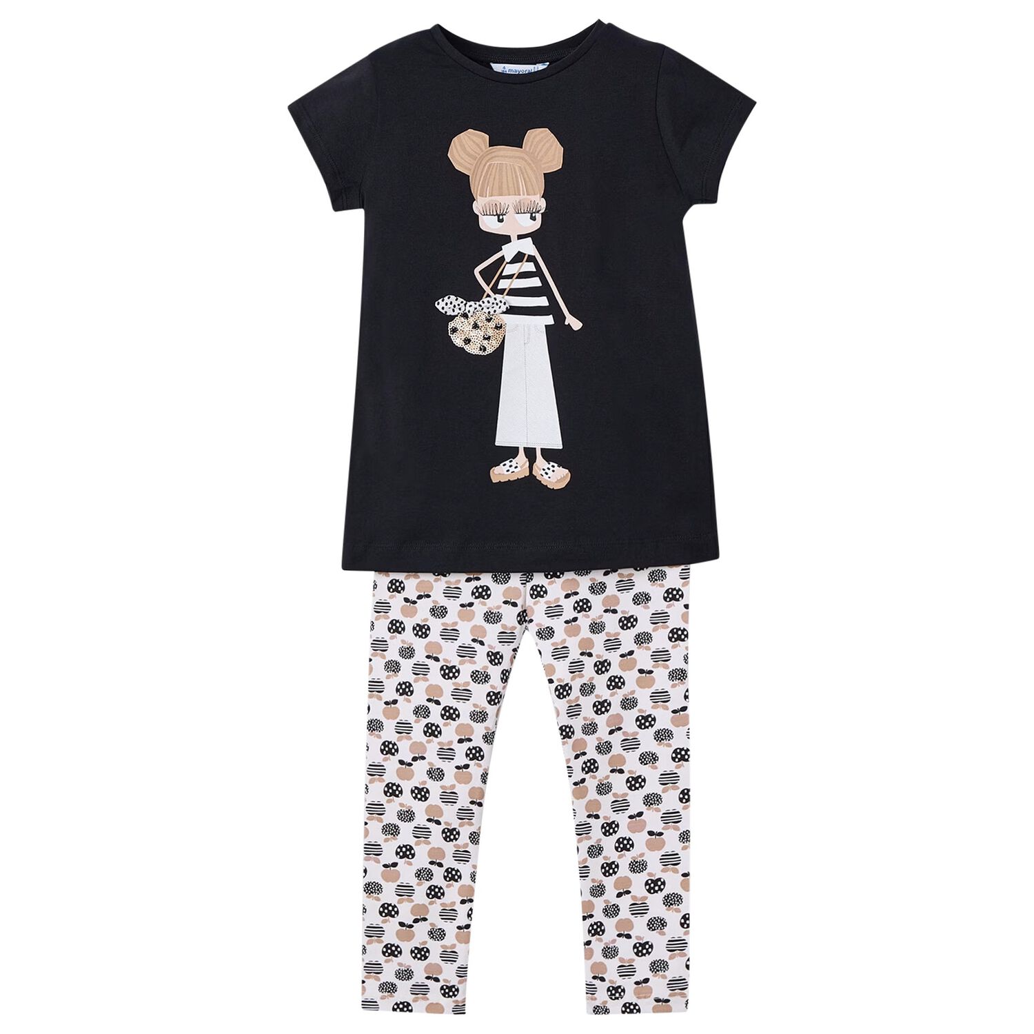 Girls Black & Beige Cotton Printed Leggings Set, 2, hi-res
