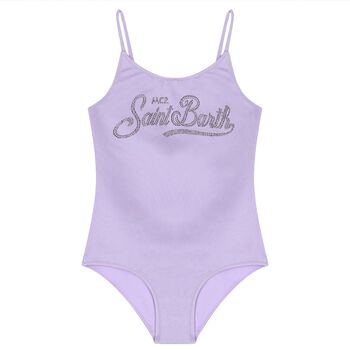 Girls Purple Strass Crystal Logo Swimsuit