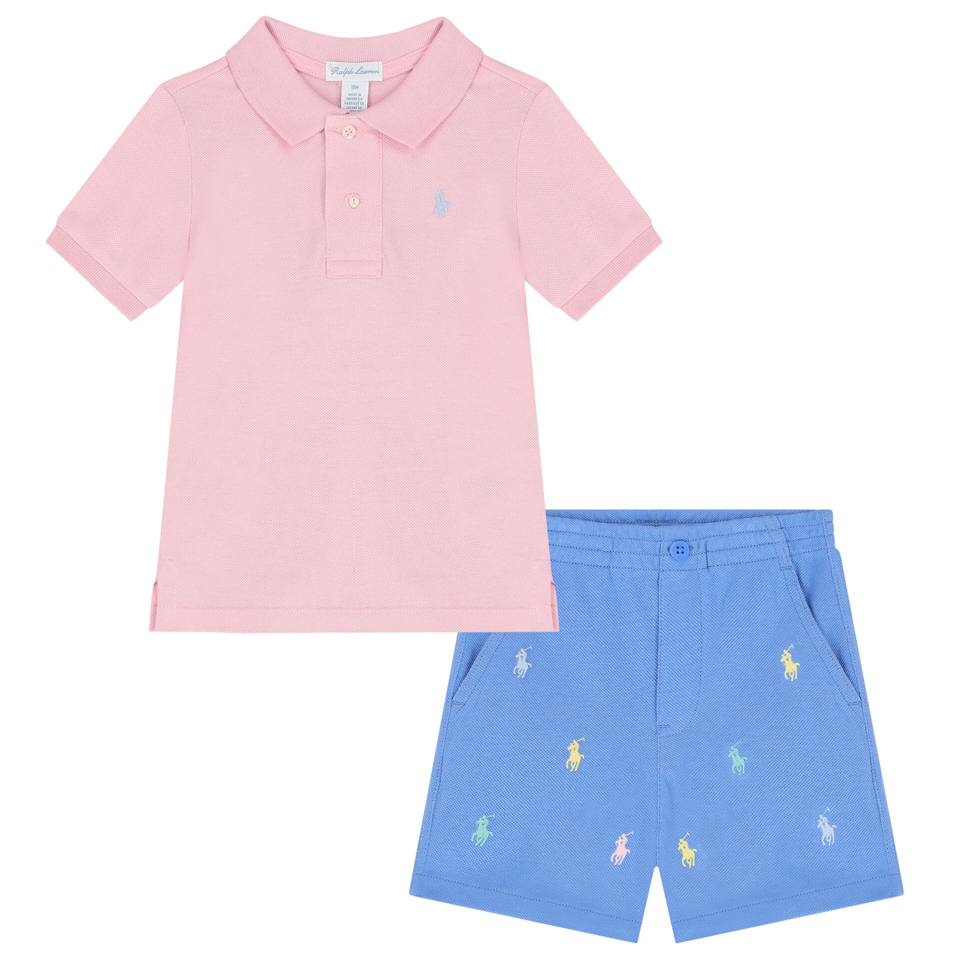 Ralph Lauren Baby Boys Pink Blue Logo Shorts Set Junior Couture UK