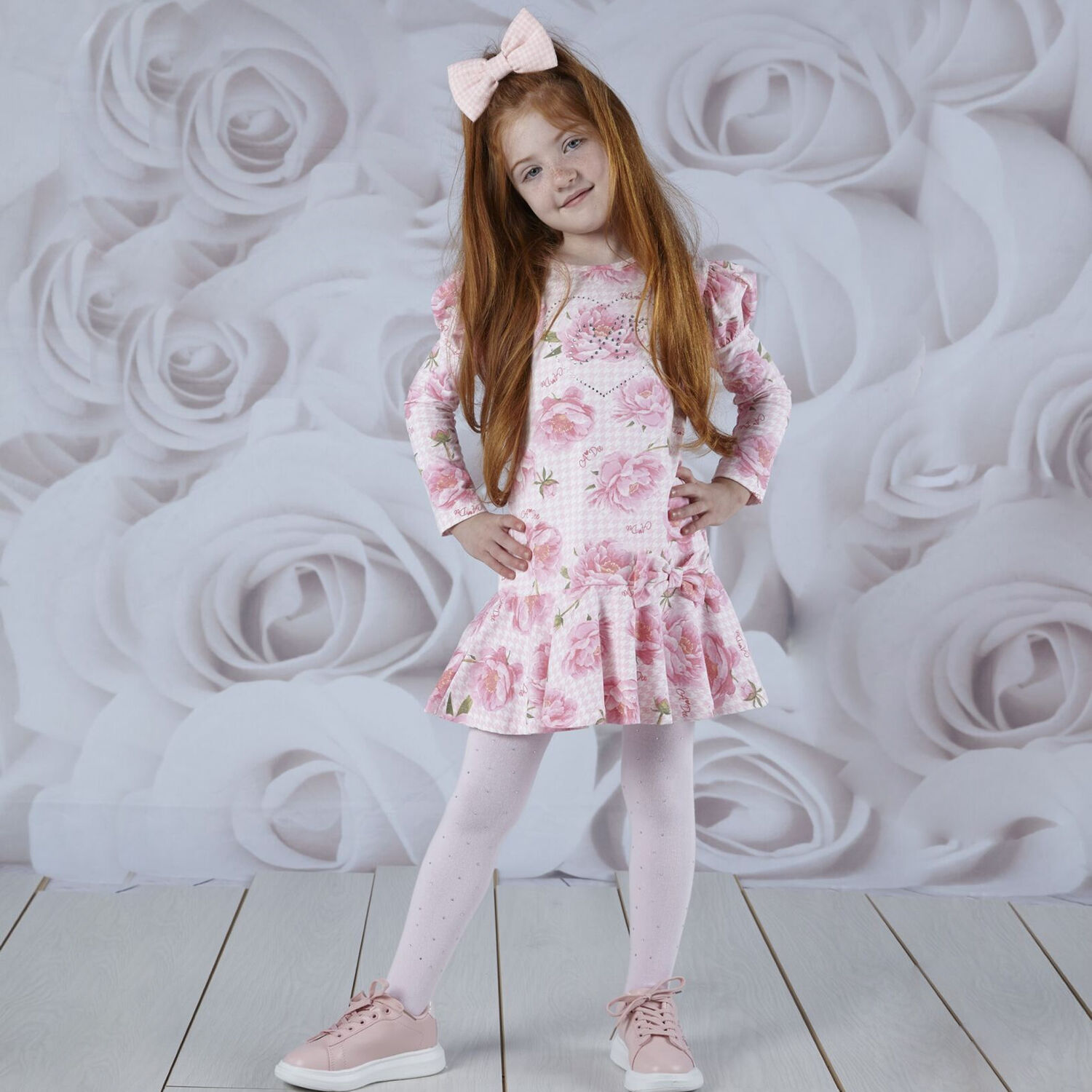 Girls Pink Houndstooth Floral Dress, 1, hi-res