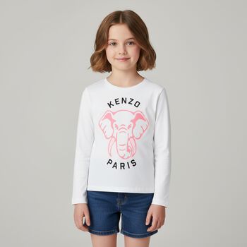 Girls White Elephant Logo Long Sleeve Top