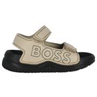 Boys Beige & Black Logo Sandals, 2, hi-res
