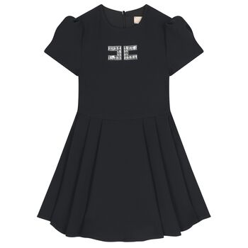 Girls Black Diamante Logo Pleated Dress
