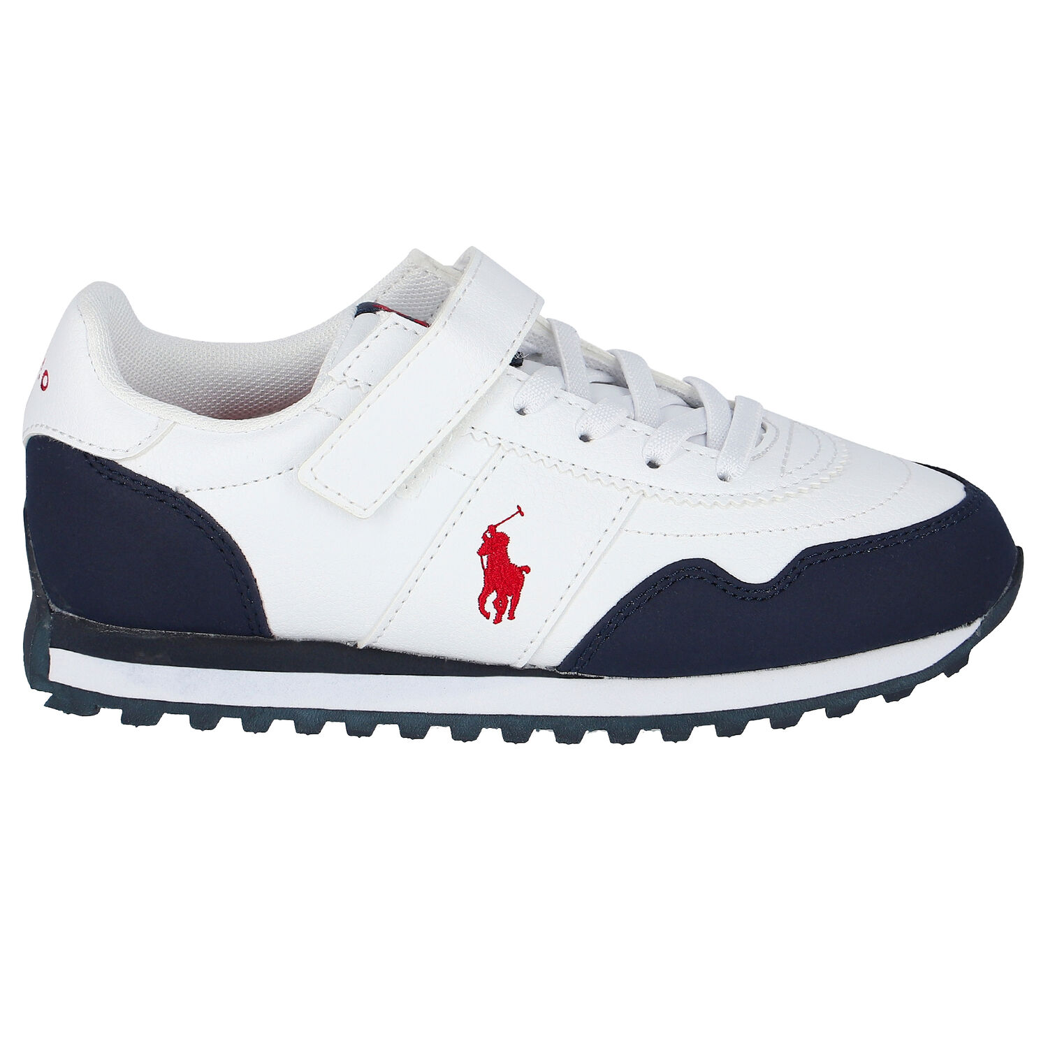 Boys White & Navy Logo Trainers, 1, hi-res