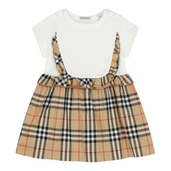 Baby Girls White & Beige Check Dress