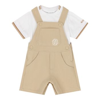 Baby Boys Beige & White Logo Dungaree Set
