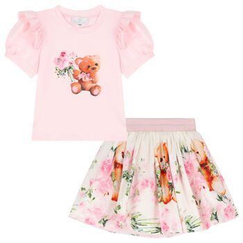 Girls Pink Teddy Bear Skirt Set