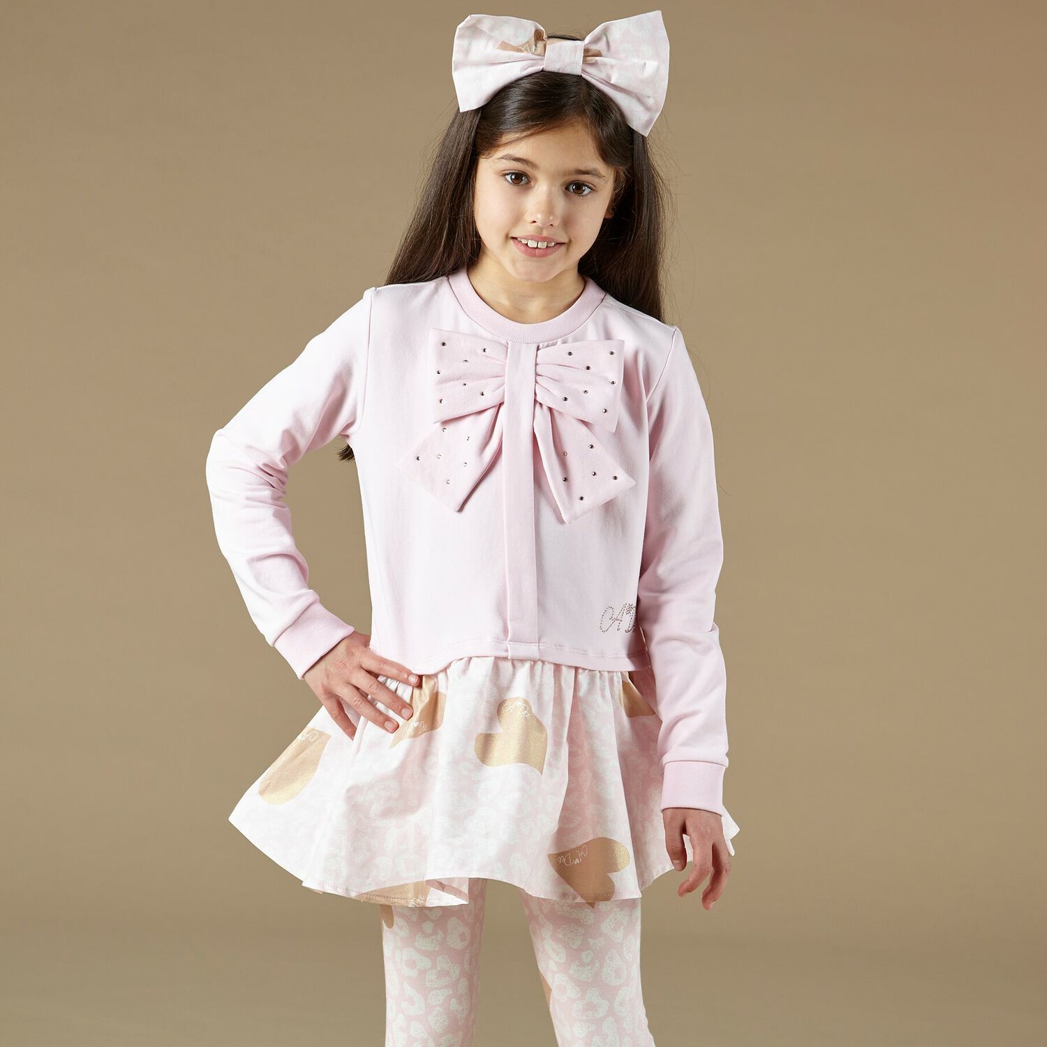 Girls Pink Bow Leggings Set, 1, hi-res