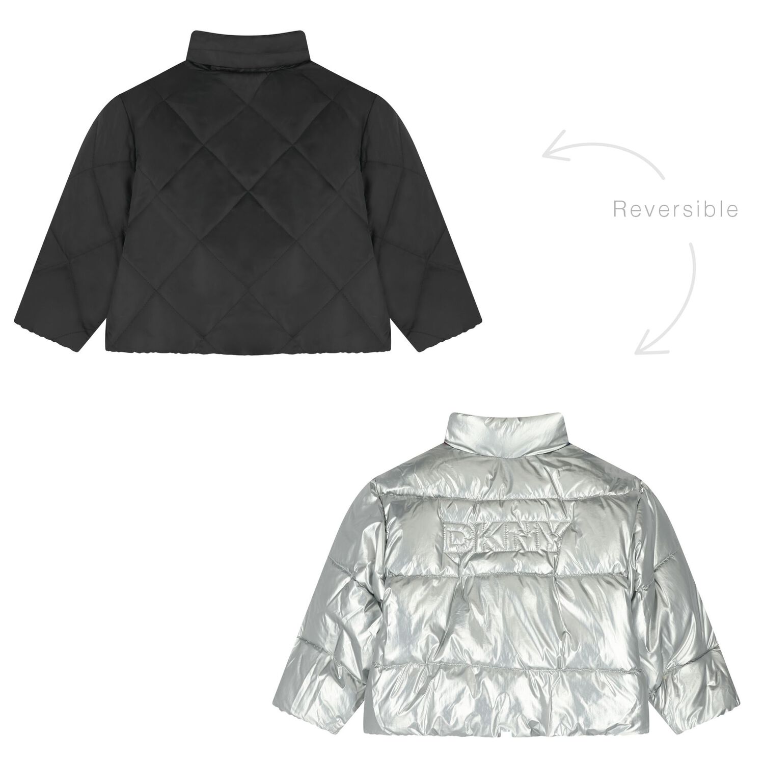 Girls Silver & Black Logo Reversible Puffer Jacket, 1, hi-res