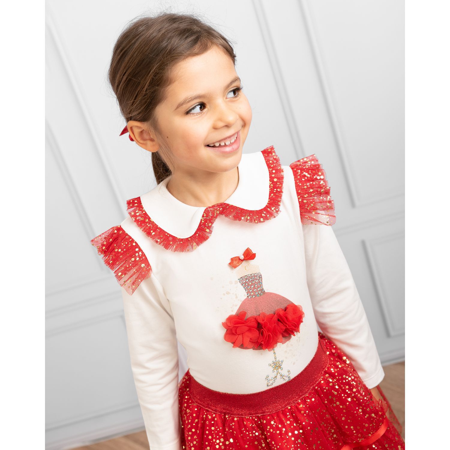 Girls White & Red Tulle Skirt Set, 1, hi-res image number null