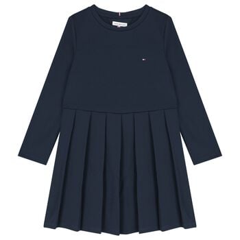 Girls Navy Blue Logo Pleated Dress
