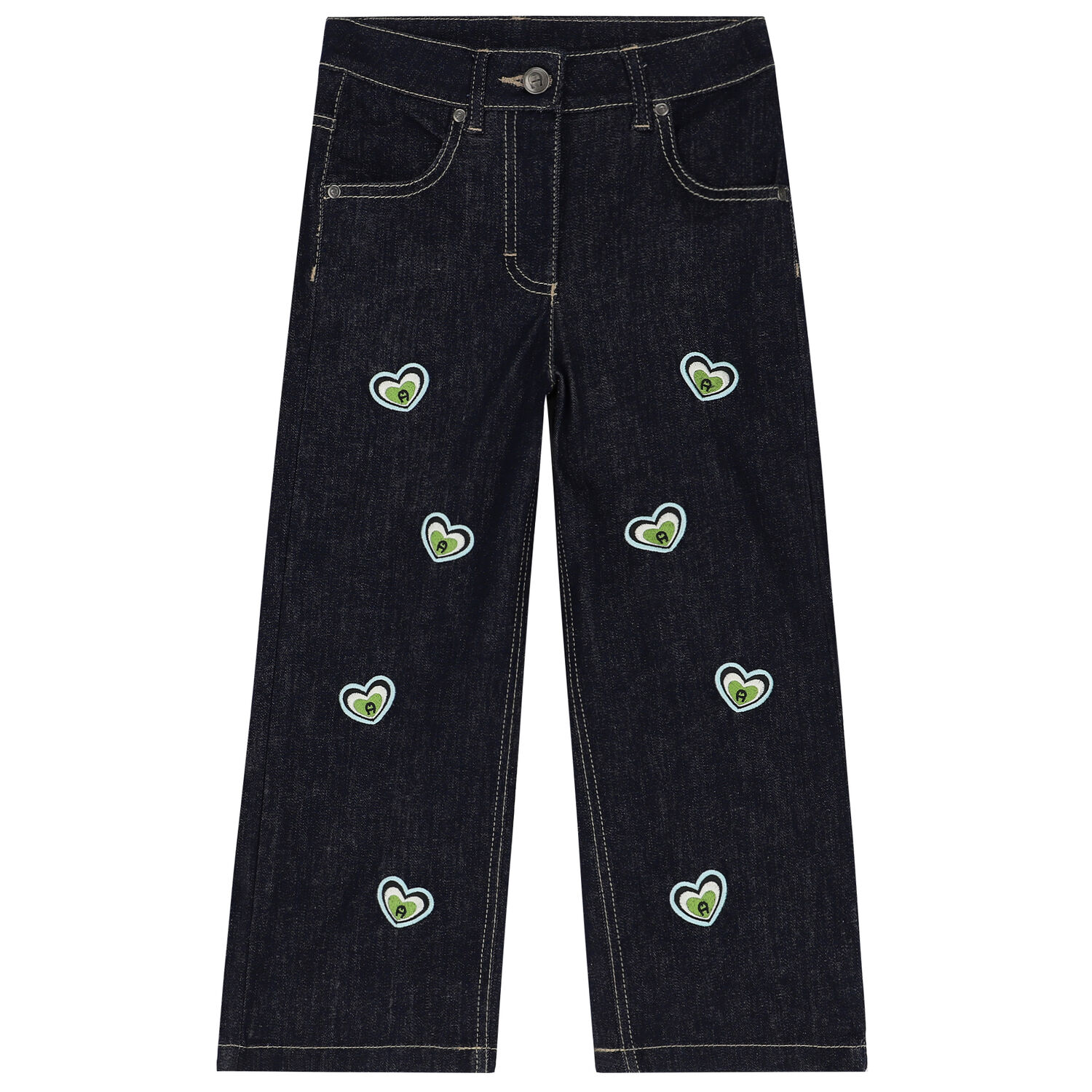 Girls Blue Denim Logo Trousers, 1, hi-res
