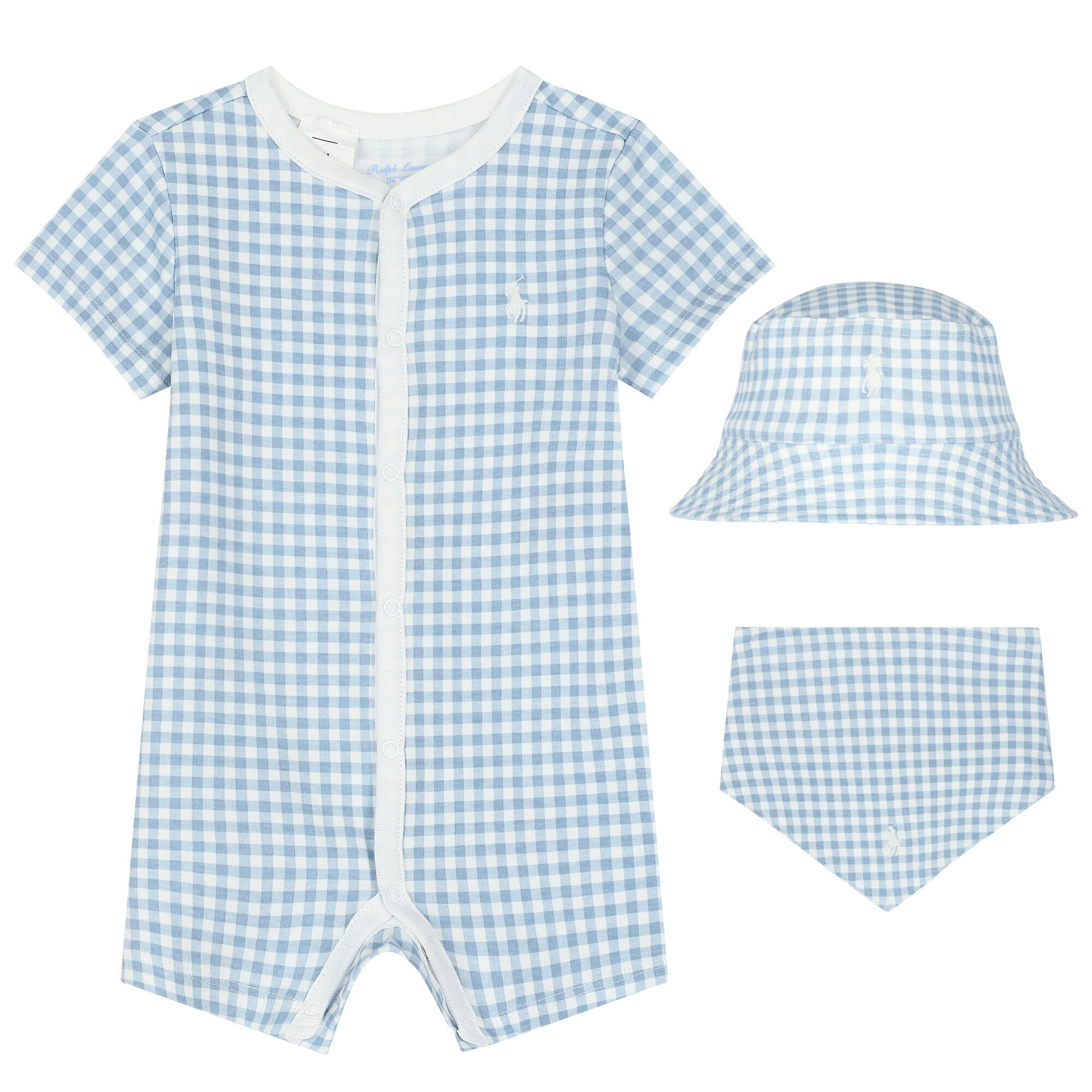 Ralph Lauren Baby Boys White Blue Gingham Logo Romper Gift Set Junior Couture UK
