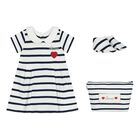 Baby Girls White & Navy Blue Striped Dress Set , 1, hi-res