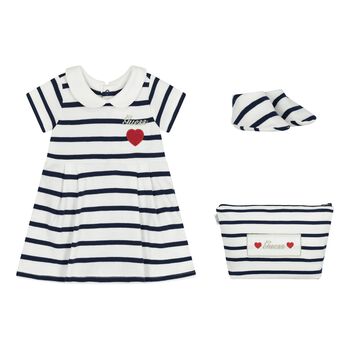 Baby Girls White & Navy Blue Striped Dress Set 