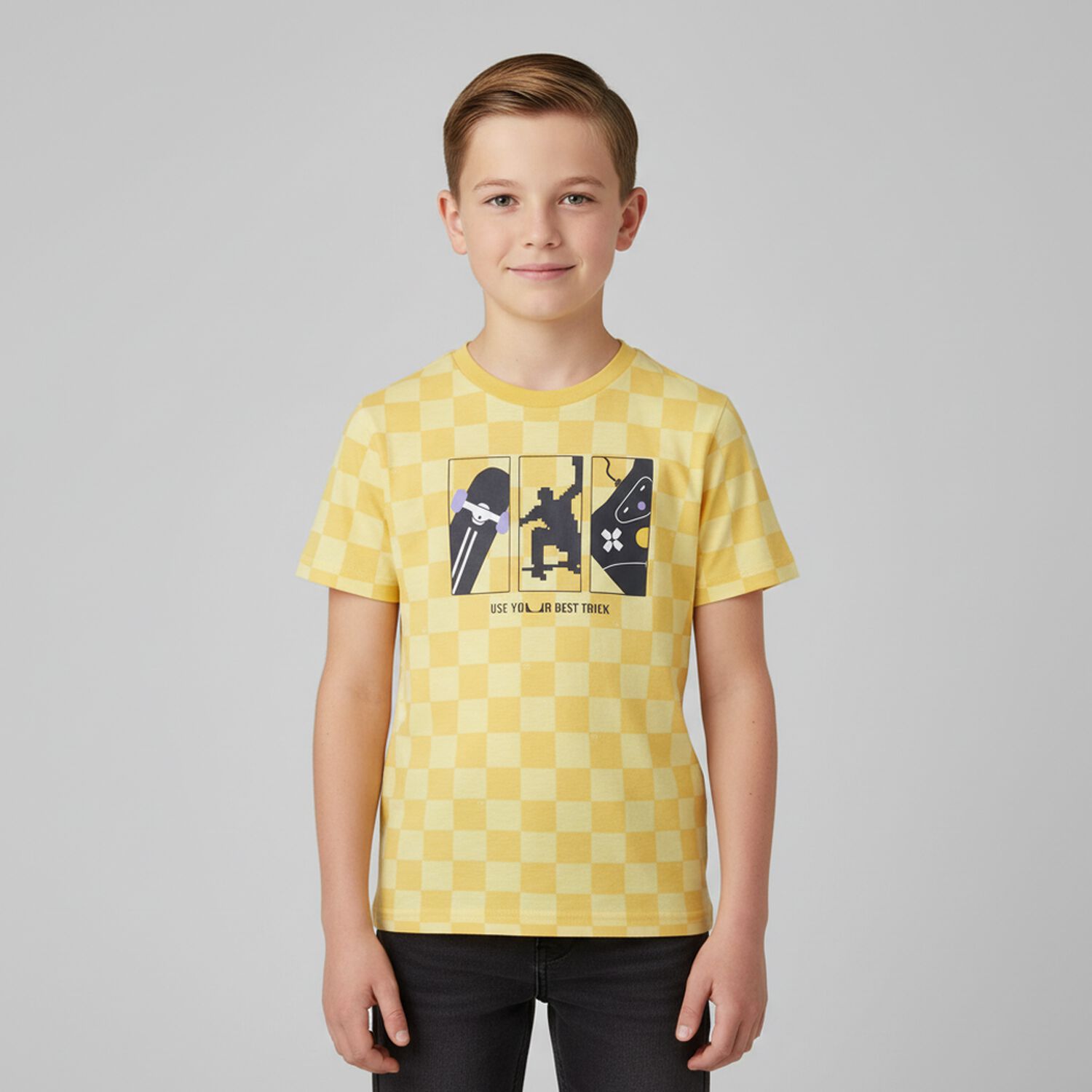 Boys Yellow & White Check Skater T-Shirt, 1, hi-res