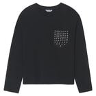 Girls Black Studded Long Sleeve Top, 1, hi-res