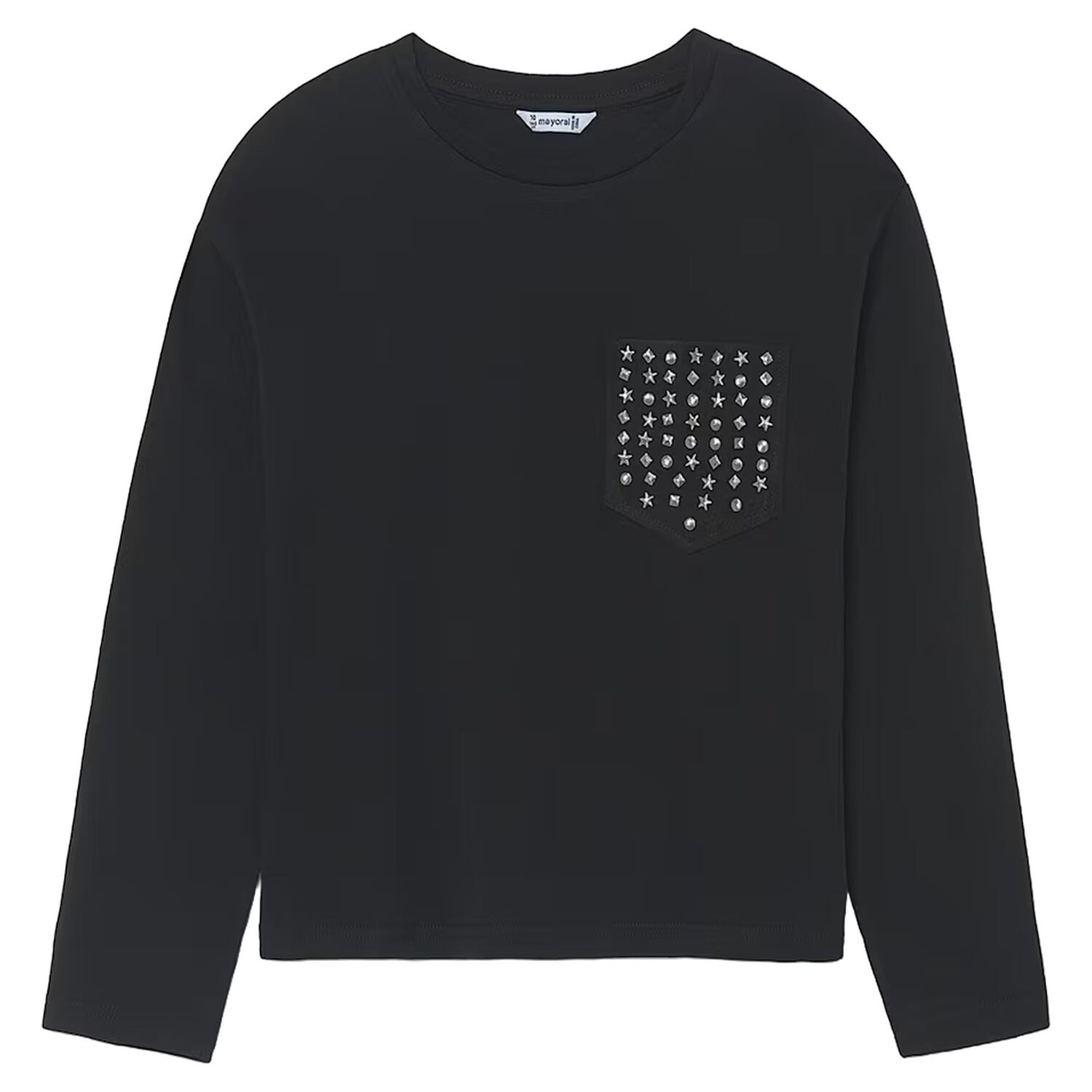 Girls Black Studded Long Sleeve Top, 1, hi-res