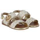 Girls Ivory & Gold Logo Sandals, 1, hi-res