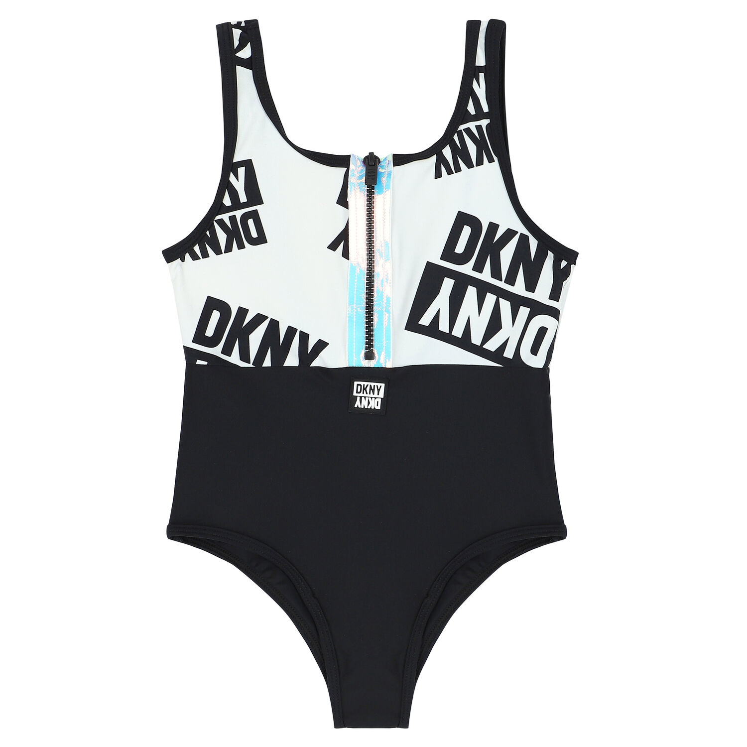 Girls White & Black Logo Swimsuit, 1, hi-res