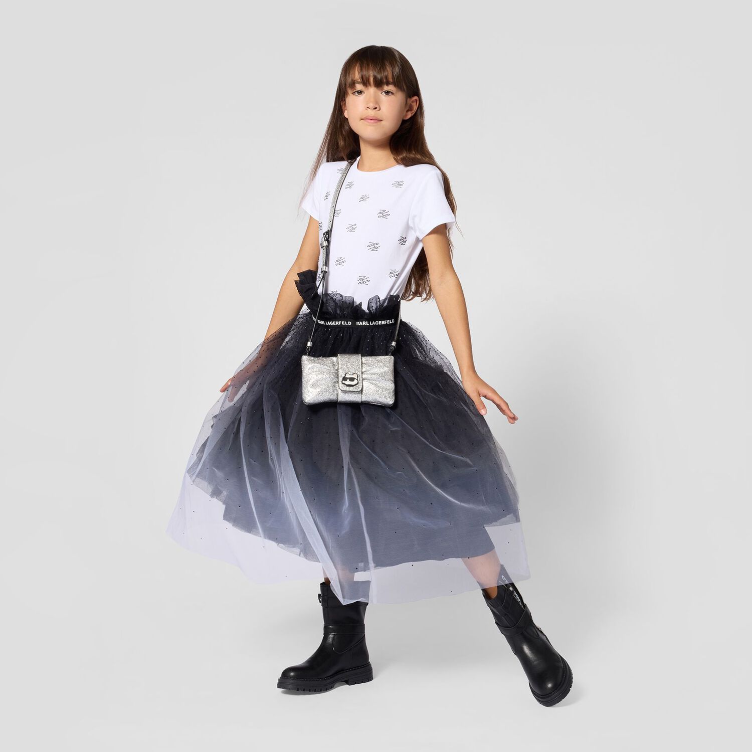 Girls Black Logo Tulle Skirt, 1, hi-res