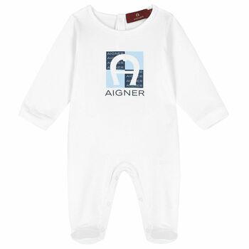 Baby Boys White & Blue Logo Babygrow