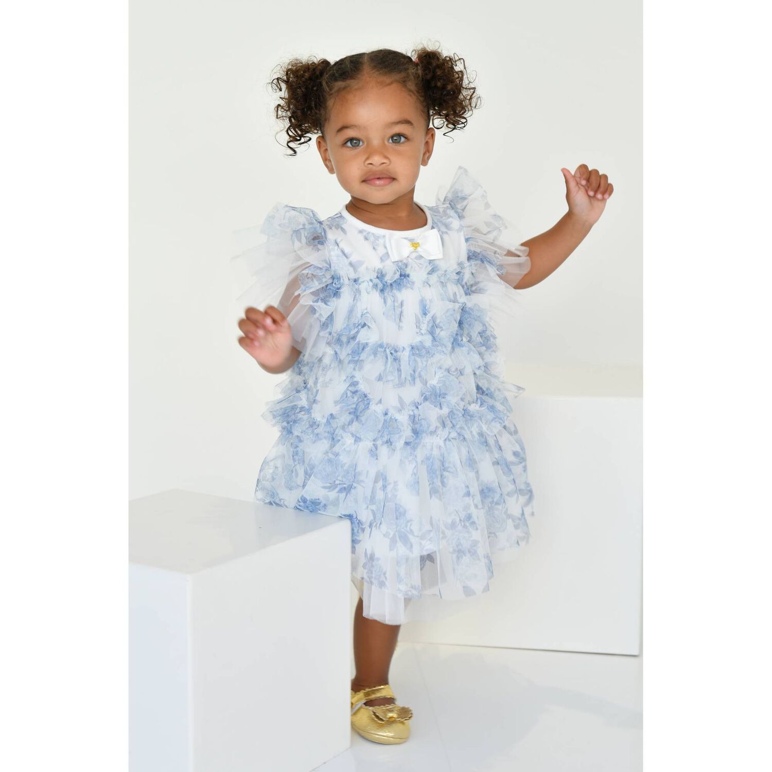 Younger Girls Blue Floral Tulle Dress, 1, hi-res